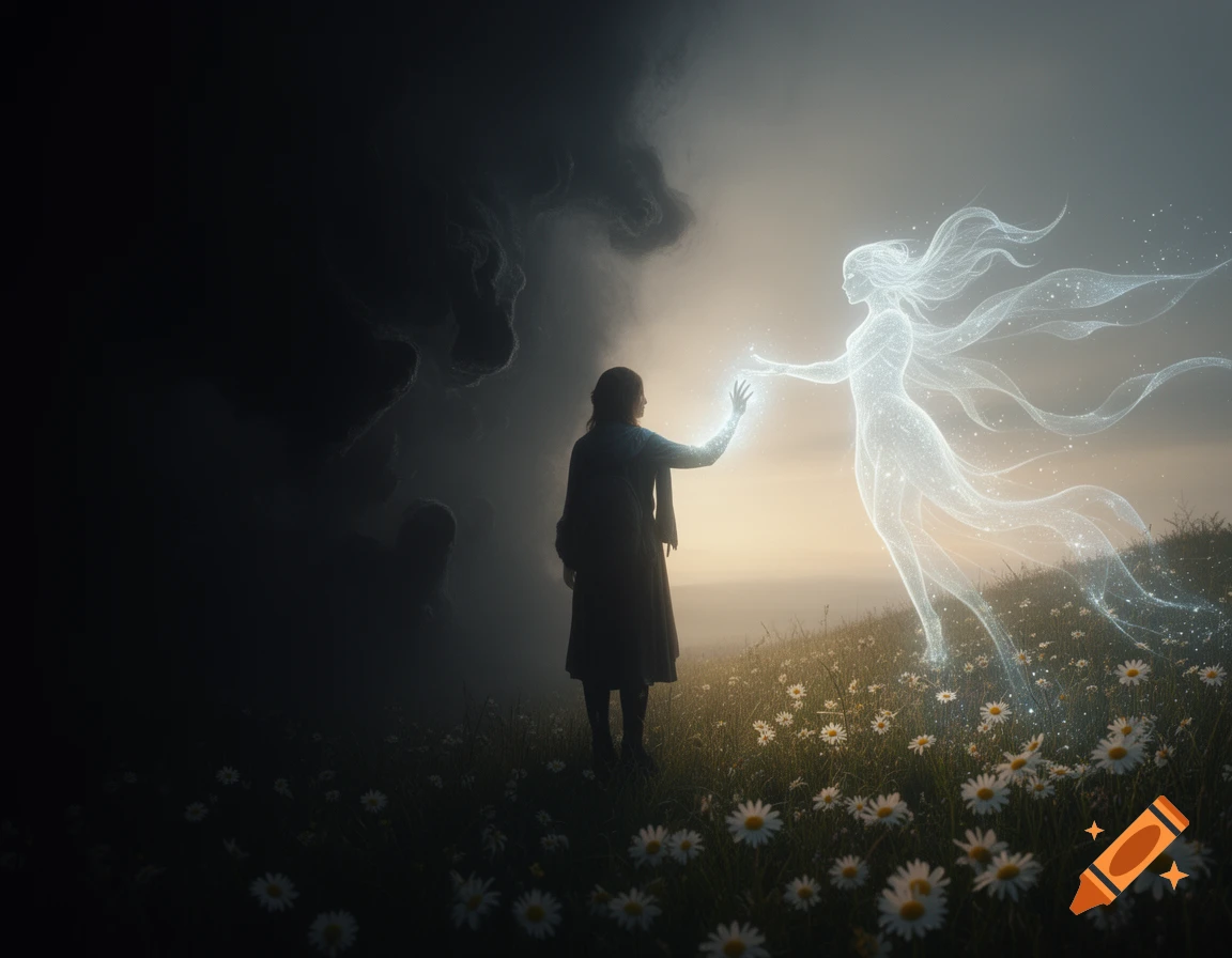 A person in a daisy field reaches toward a glowing spirit as a dark cloud looms on one side and bright light shines on the other.
