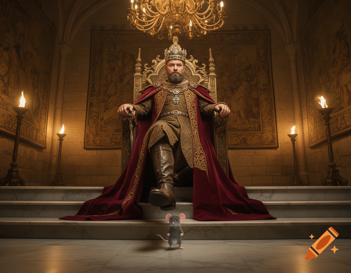A king in opulent robes sits on a golden throne in a grand castle hall, looking down at a small mouse on the floor.