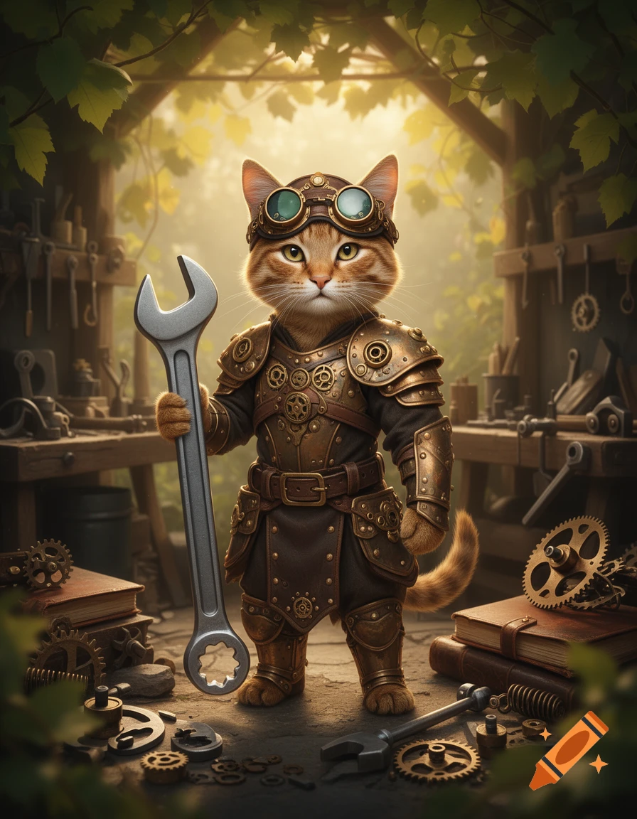A photorealistic cat in intricate steampunk armor and goggles stands in a workshop, holding a large wrench.