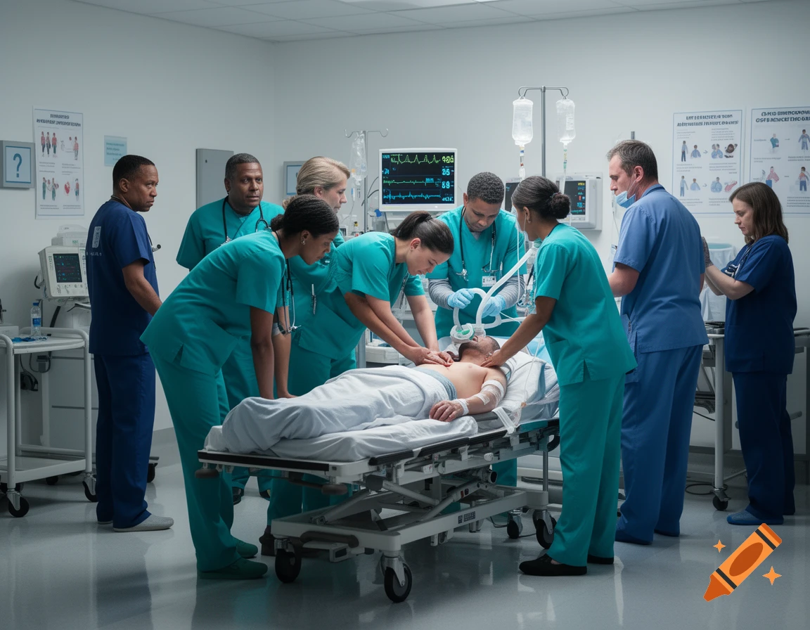 A team of medical professionals performs CPR on a patient on a gurney in a hospital room, surrounded by medical equipment.