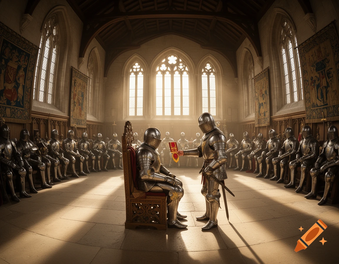 Photorealistic image of knights in shining armor in a grand, sunlit medieval hall, one presenting an award.