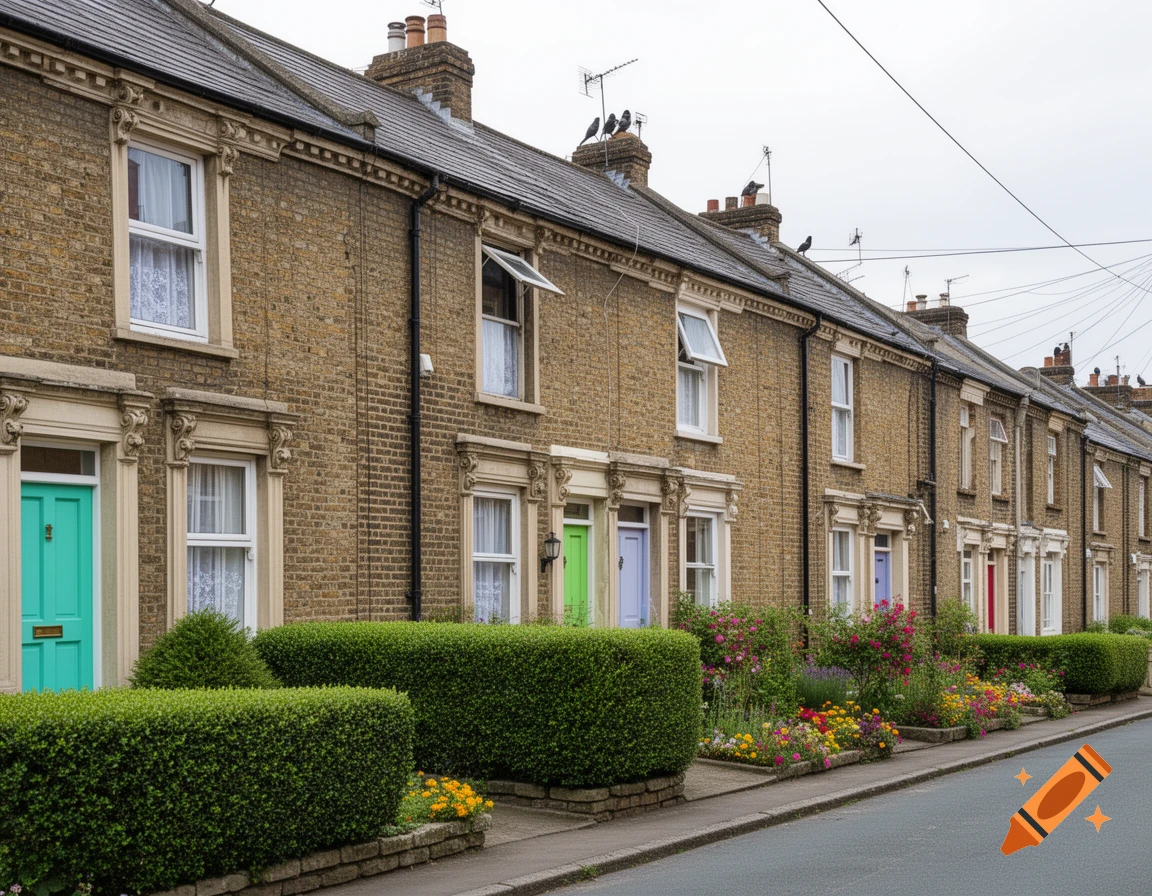 A row of traditional brick terraced houses with colorful doors and well-maintained front gardens under an overcast sky.