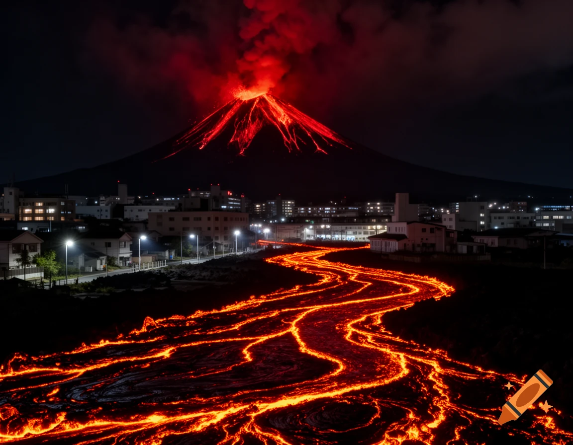 A dramatic night shot of a volcano erupting with glowing red lava flowing through a city at its base.