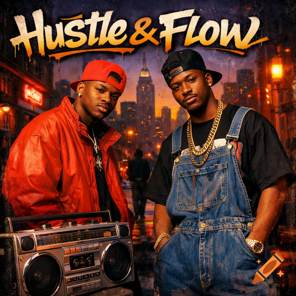 Two men in hip-hop attire, one in red jacket, one in denim overalls, pose with a boombox against a city skyline with 'Hustle & Flow' text.