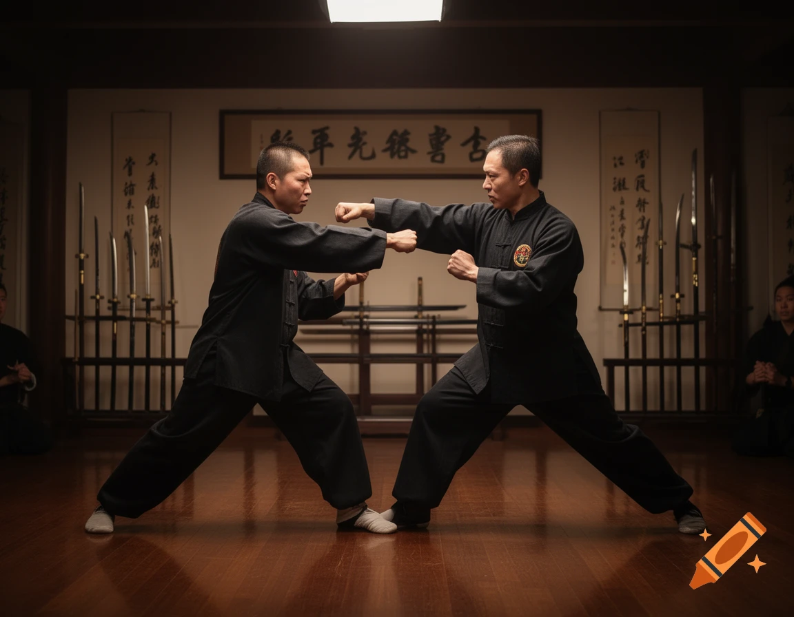 Two men in black martial arts uniforms practice a fighting stance in a traditional dojo with weapons on racks in the background, photorealistic.
