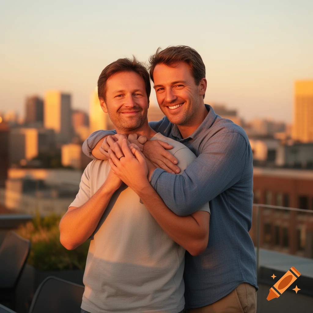 Two happy men embrace on a rooftop at sunset with a city skyline behind them, photorealistic.