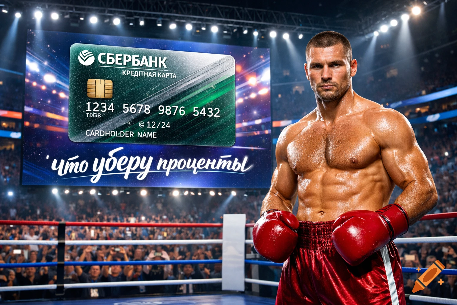 A muscular boxer in red shorts and gloves stands in a boxing ring with a large screen displaying a Sberbank credit card and Russian text.
