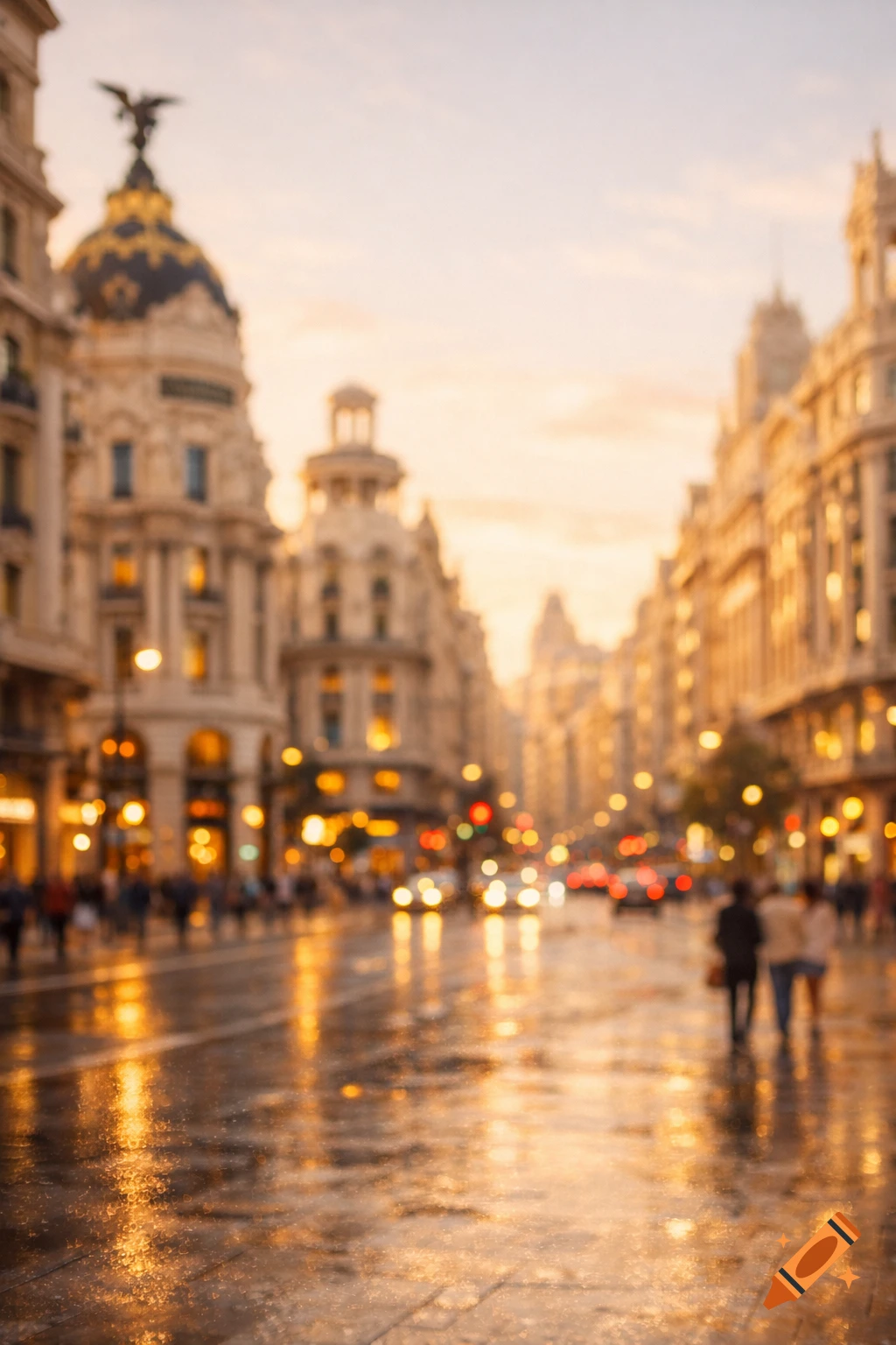 Blurred urban street at dusk with building lights reflecting on wet pavement and faint figures of people and cars.
