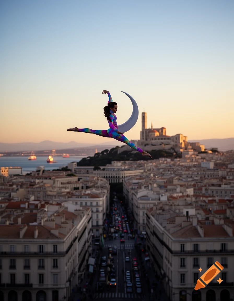 Dancer in colorful leotard doing a split leap against a crescent moon and sunset cityscape.