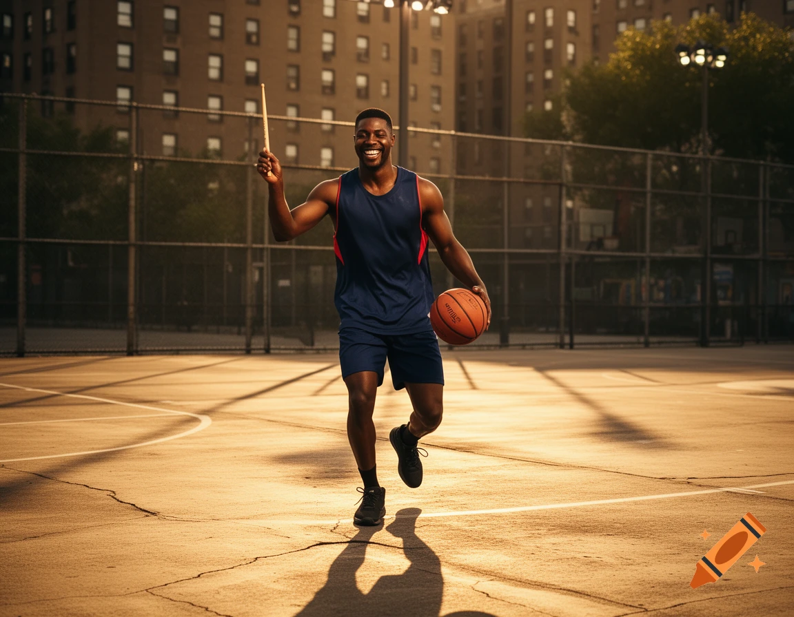 A smiling black man runs on a sunny outdoor basketball court, holding a basketball and a chicken drumstick.