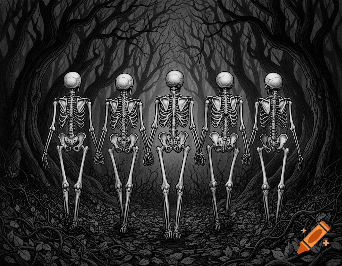 Five skeletons holding hands and walking into a dark, gnarled forest in a black and grey drawing.