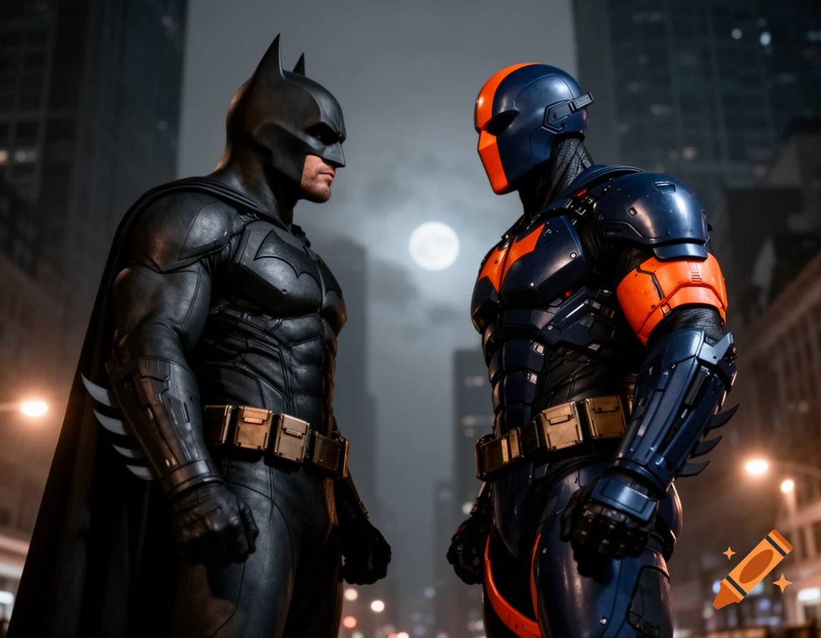 Photorealistic image of Batman and Deathstroke facing each other in a dark city with a full moon overhead.