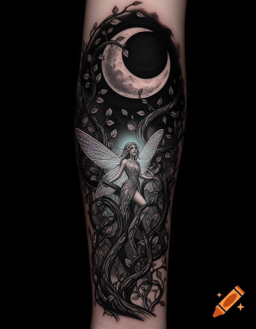 Detailed forearm sleeve tattoo featuring a fairy with glittery wings amidst dark vines and leaves, under a crescent moon.