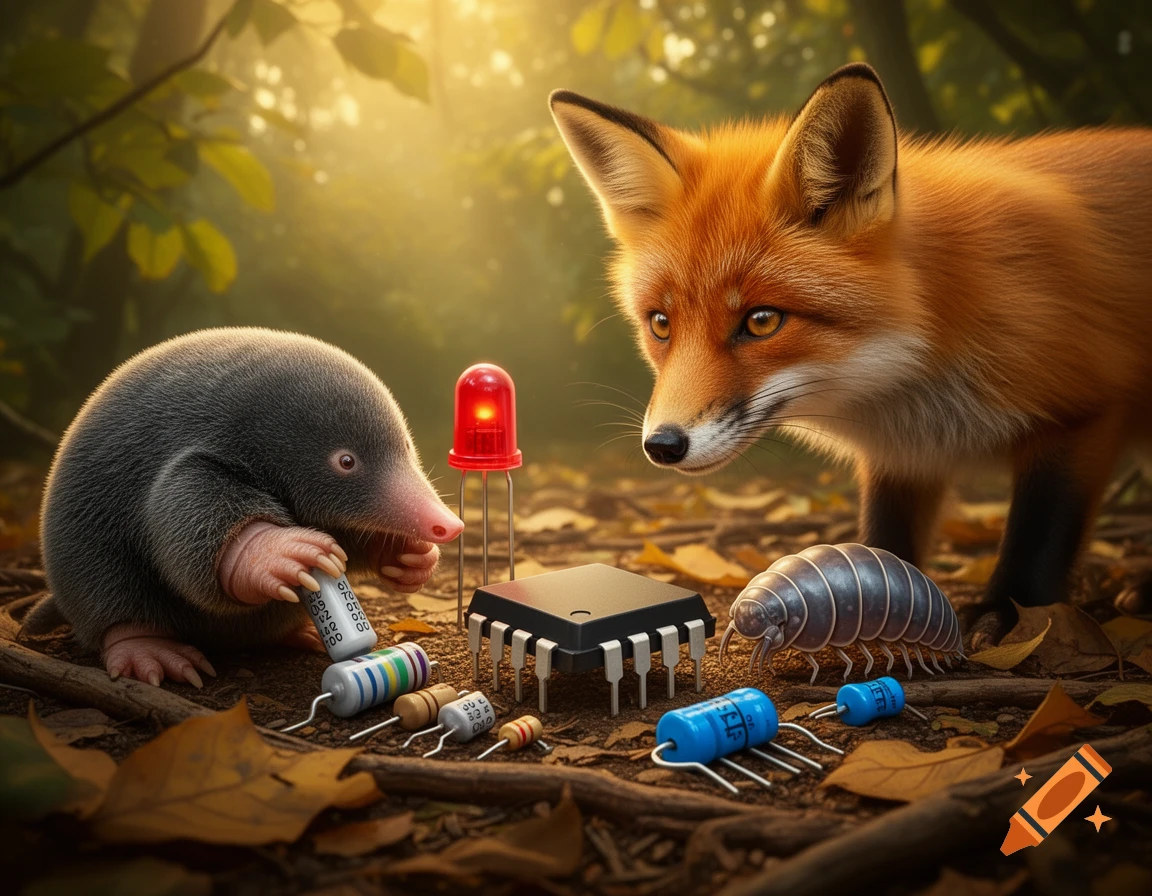 A mole and a fox observe electronic components like a LED, chip, and capacitors on a forest floor, with a woodlouse nearby. Golden light filters through trees.