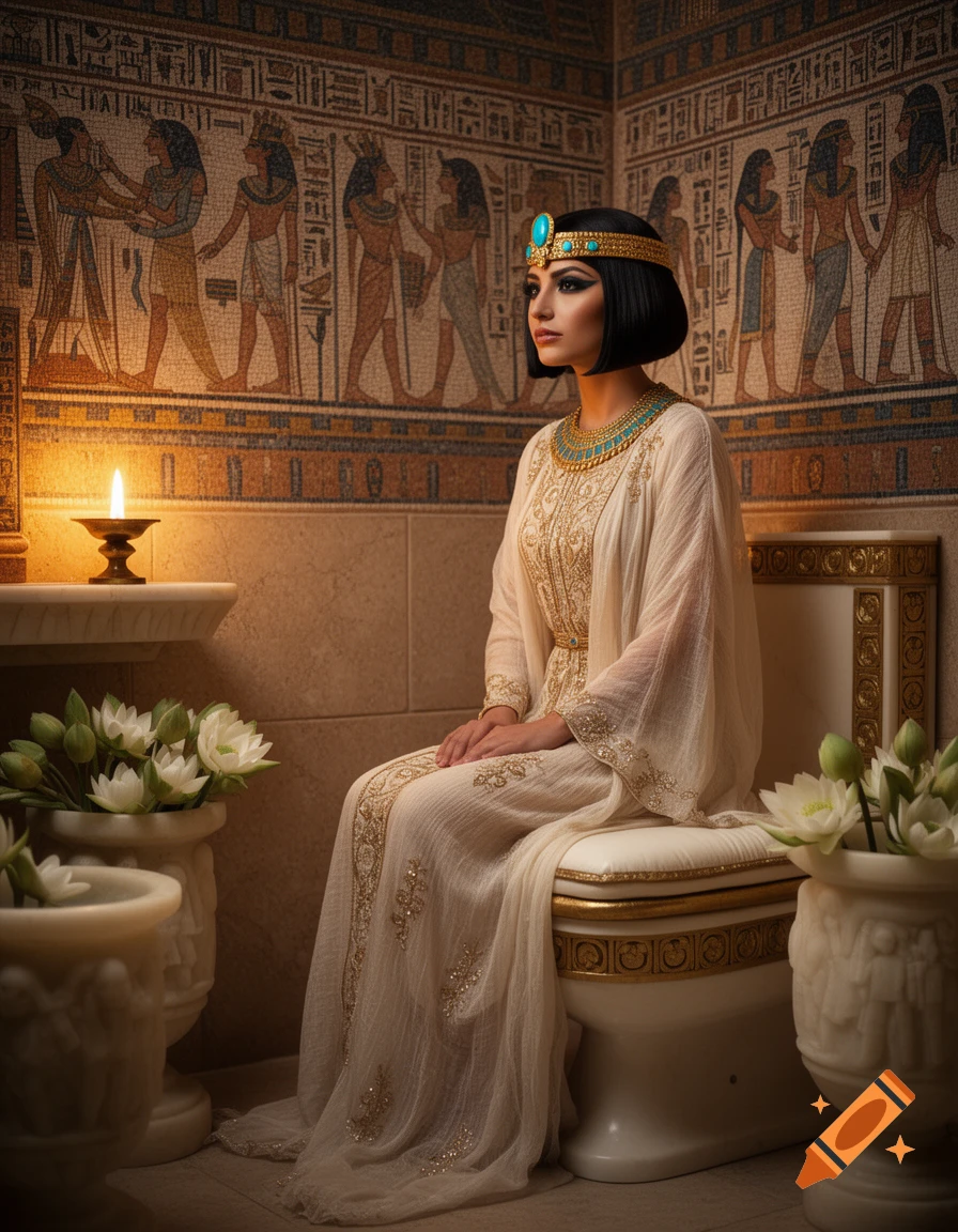 A woman resembling Cleopatra, adorned in a white and gold dress with a turquoise and gold headdress, sits elegantly on a golden toilet in an Egyptian-themed room with mosaic walls and lotus flowers.