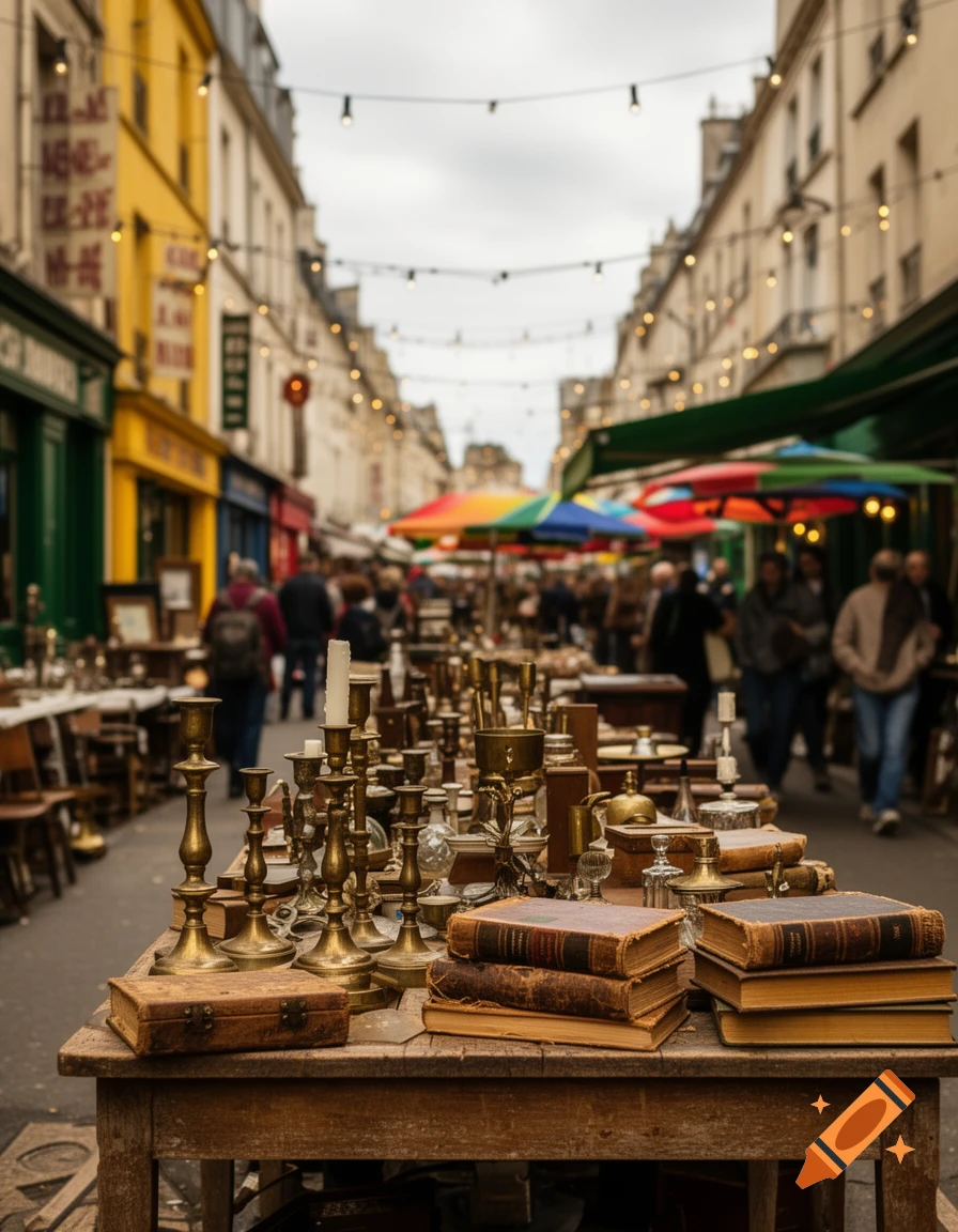 A photorealistic image of an outdoor antique market stall laden with old books and brass candlesticks on a bustling street.