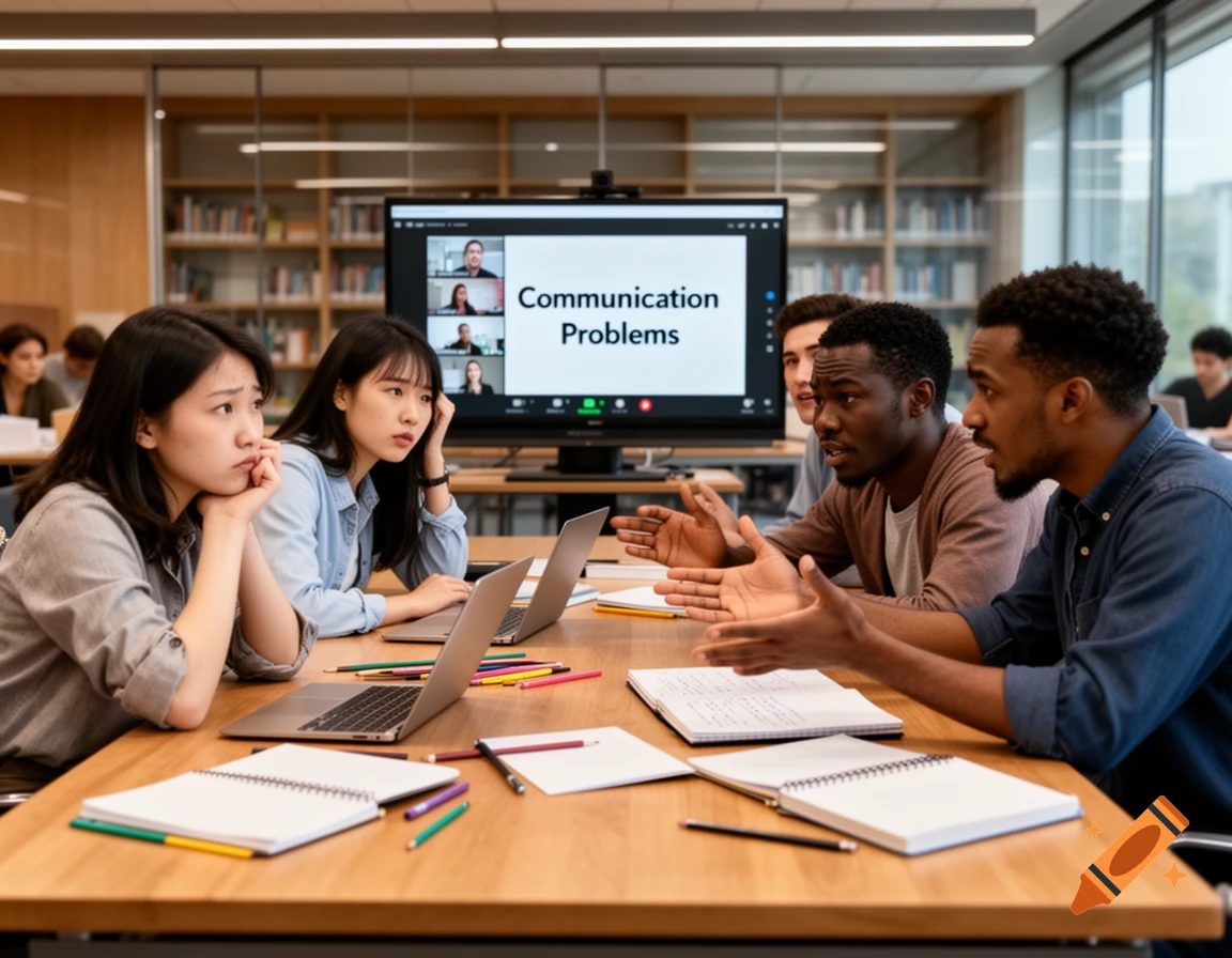 An international student group discusses a presentation on 'Communication Problems' in a modern classroom.
