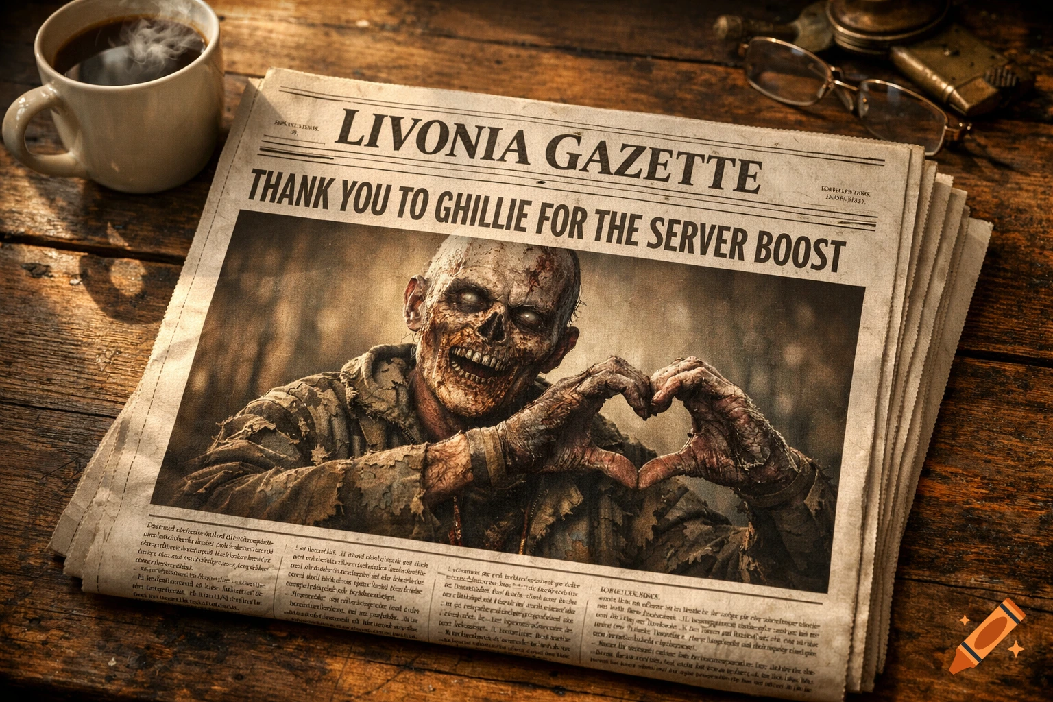 A photorealistic image of a zombie, with decaying flesh and glowing eyes, making a heart shape with its hands. It is depicted on the front page of a newspaper that reads "LIVONIA GAZETTE THANK YOU TO GHILLIE FOR THE SERVER BOOST", lying on a wooden table next to a steaming cup of coffee and glasses.