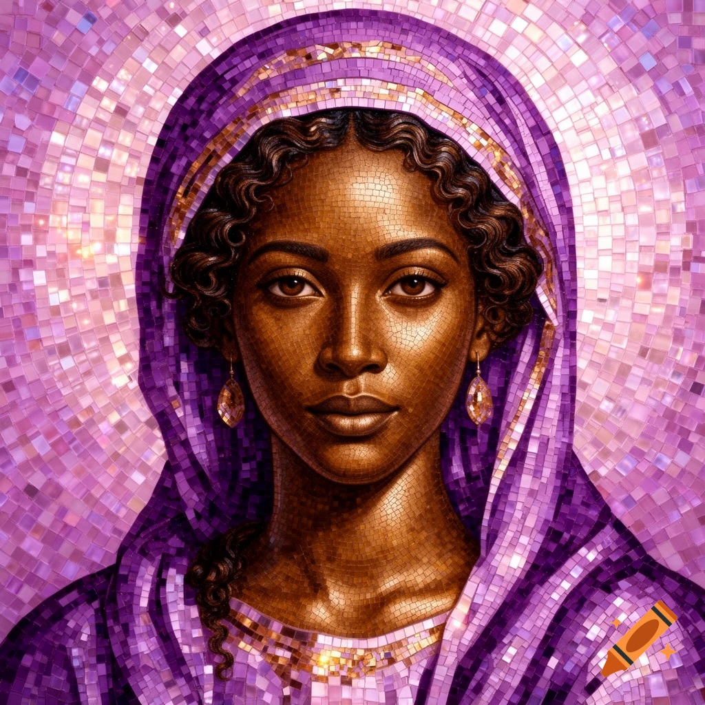 Mosaic portrait of a woman with dark skin and curly hair, wearing a purple head covering and earrings, against a radiant purple and pink mosaic background.