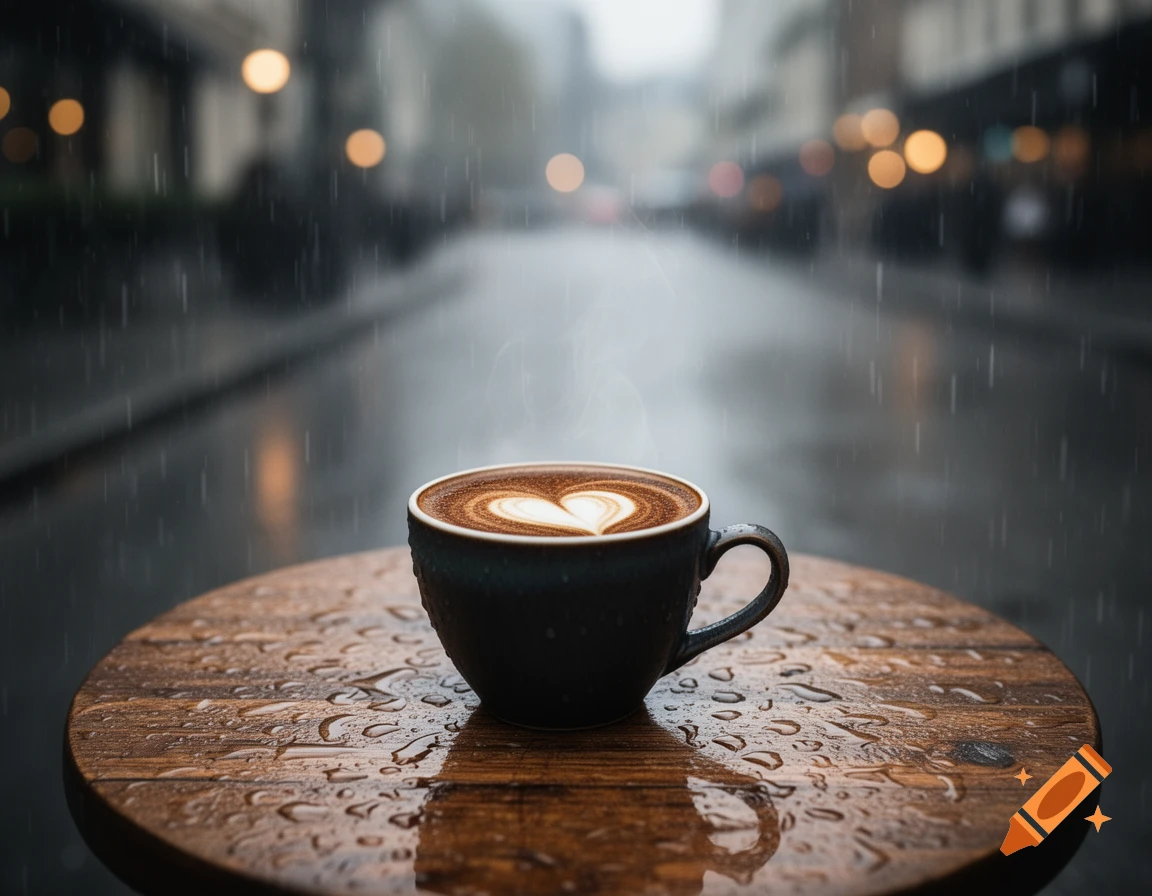 A steaming cup of coffee with heart latte art sits on a wet wooden table on a rainy city street.