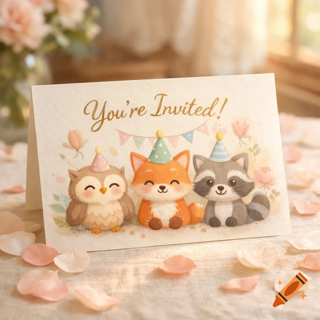 A watercolor invitation card featuring a cute owl, fox, and raccoon wearing party hats, with "You're Invited!" text.