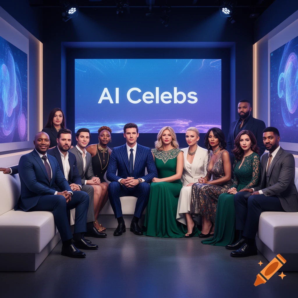 A diverse group of men and women dressed in formal attire sit on couches in a modern television studio with "AI Celebs" displayed on a large screen.