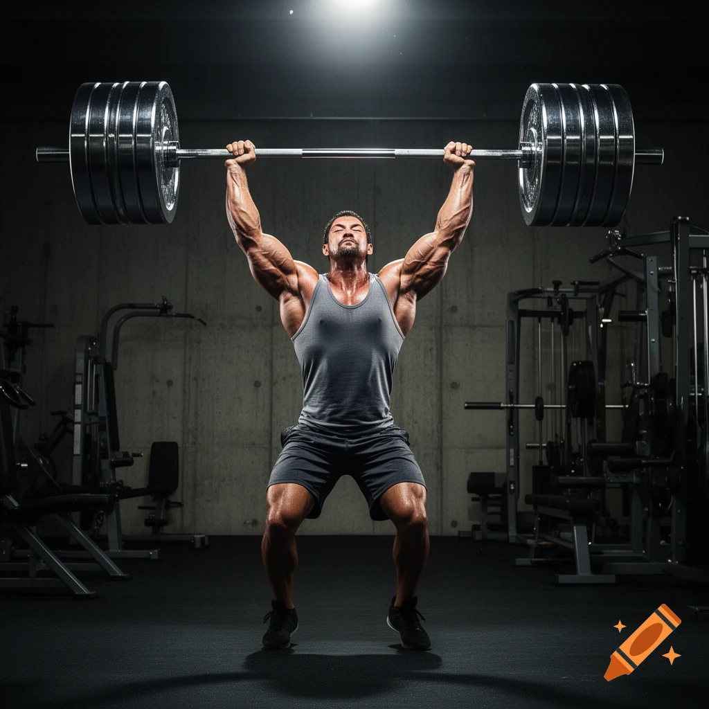 A muscular man in a dark gym performs an overhead lift with a heavy barbell, straining with effort.