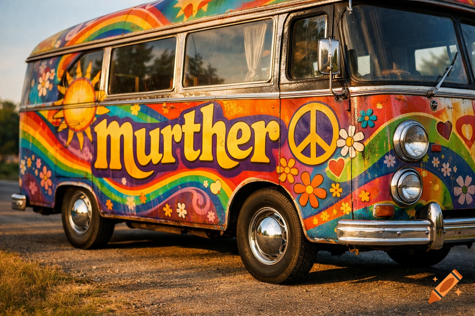 A brightly painted vintage hippie bus with psychedelic art, peace signs, and the word 'murther' on its side, parked on a country road.