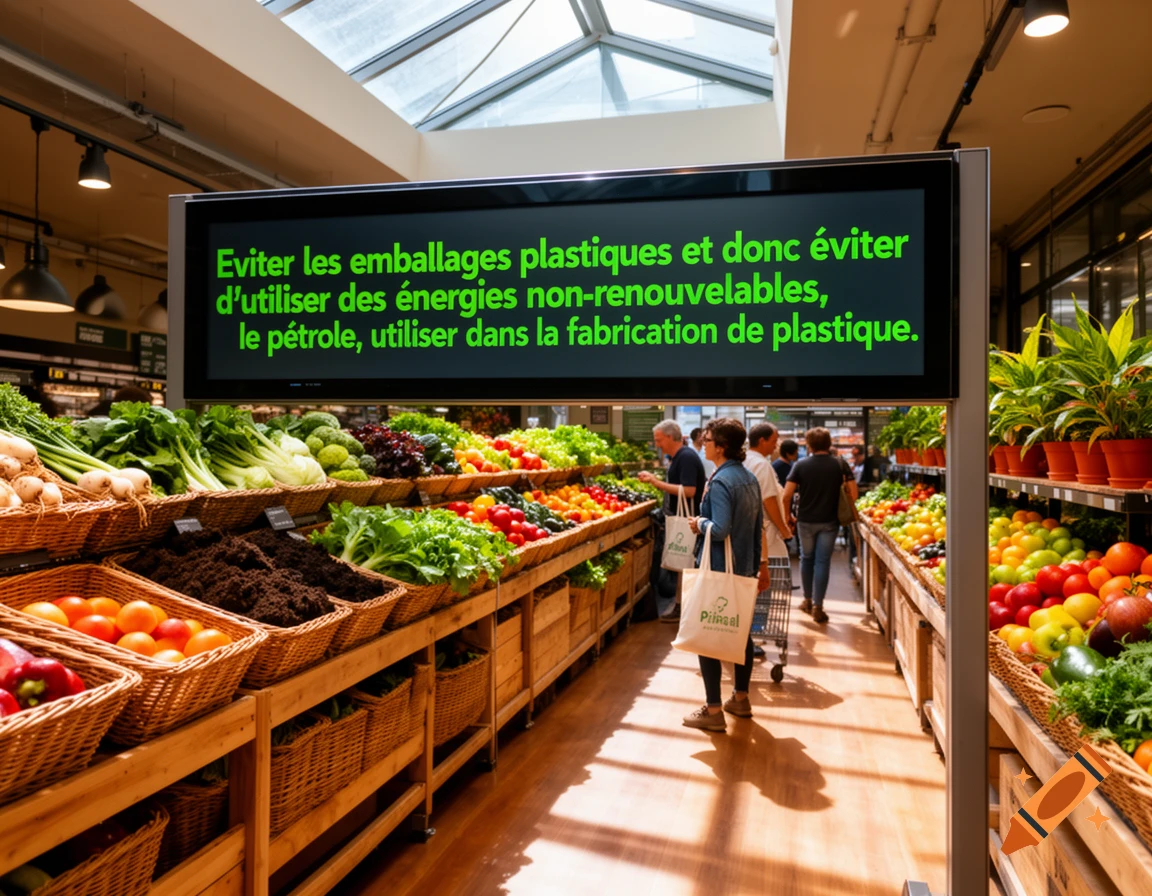 Photorealistic supermarket produce aisle with fresh fruits and vegetables. A digital sign in French urges avoiding plastic and non-renewable energy.