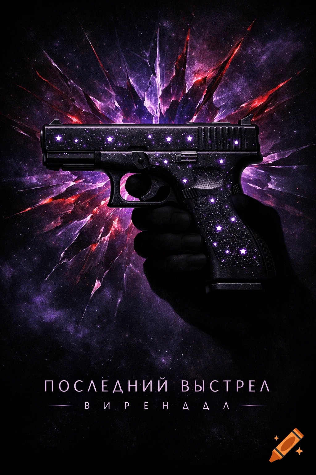 A black handgun with purple stars held by a dark silhouette hand, against a background of purple and red cosmic energy and fractured shapes. Russian text is at the bottom.