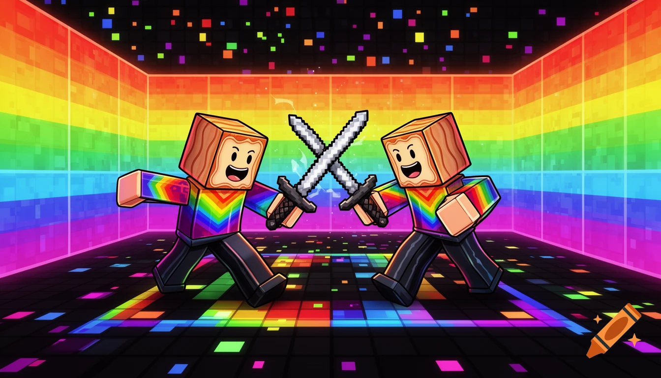 Two blocky, cartoon characters in rainbow shirts with wood-like heads cross pixelated swords in a vibrant neon rainbow room.