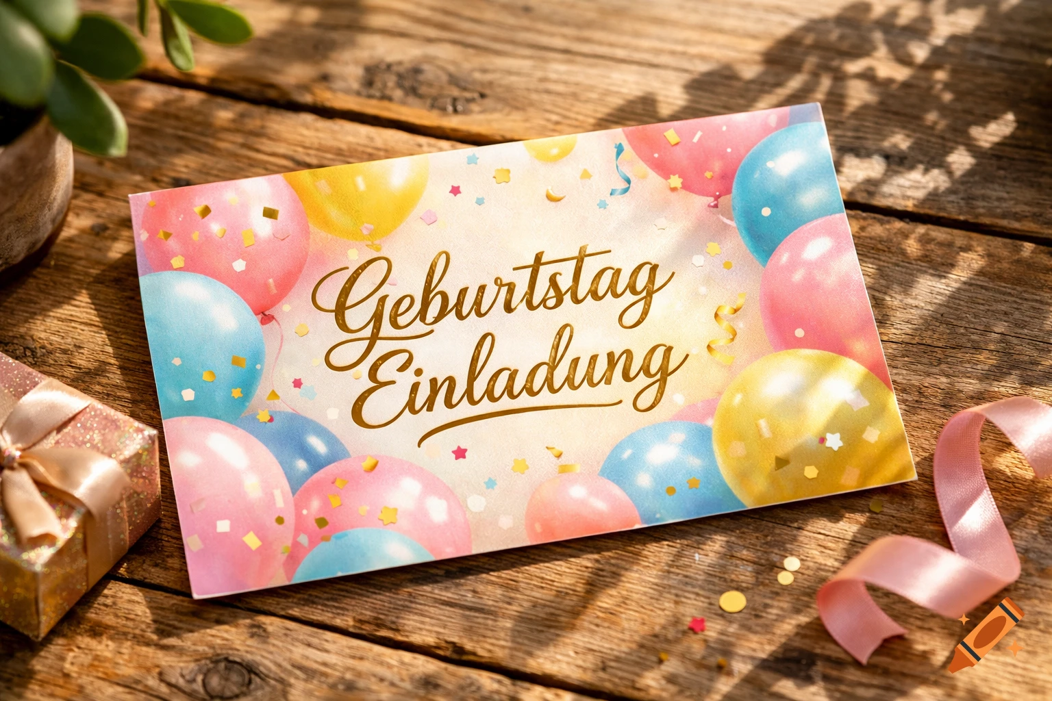 A birthday invitation card with colorful balloons and confetti on a wooden table, next to a gift and a pink ribbon.