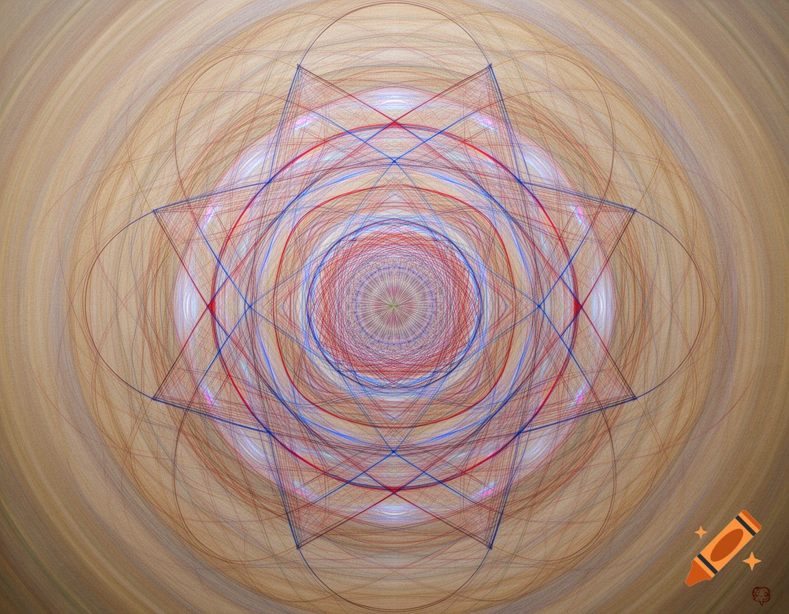 An intricate abstract geometric drawing featuring concentric circles and intersecting red, blue, and brown lines on a textured, light brown background.