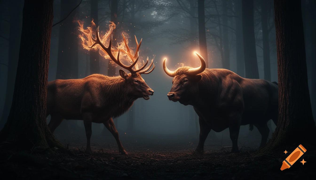 A photorealistic image of a stag with fiery antlers facing a bull with glowing horns in a dark, misty forest.
