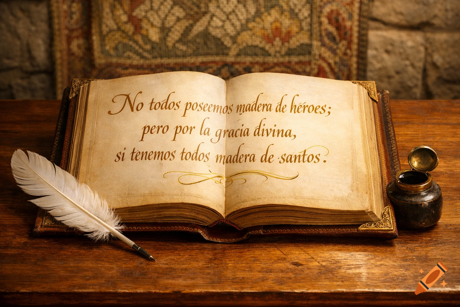 An old open book with Spanish text, a feather quill, and an inkpot on a dark wooden table in a dimly lit, vintage setting.