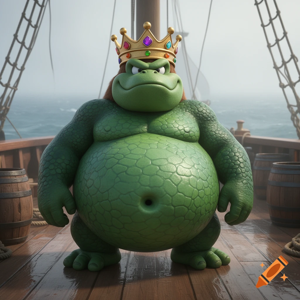 A 3D render of a green, crocodile-like King K. Rool wearing a gold crown, with a prominent belly button, standing on a misty ship deck.