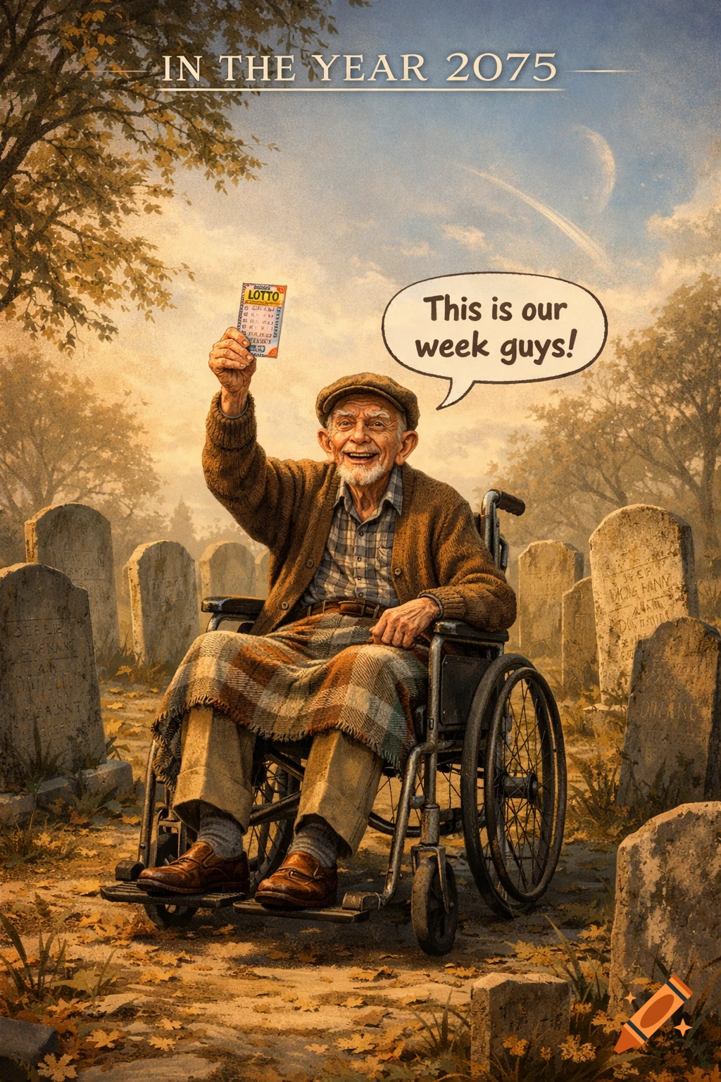 Old man in wheelchair excitedly holds a lottery ticket in a cemetery, with text 'IN THE YEAR 2075' and 'This is our week guys!'