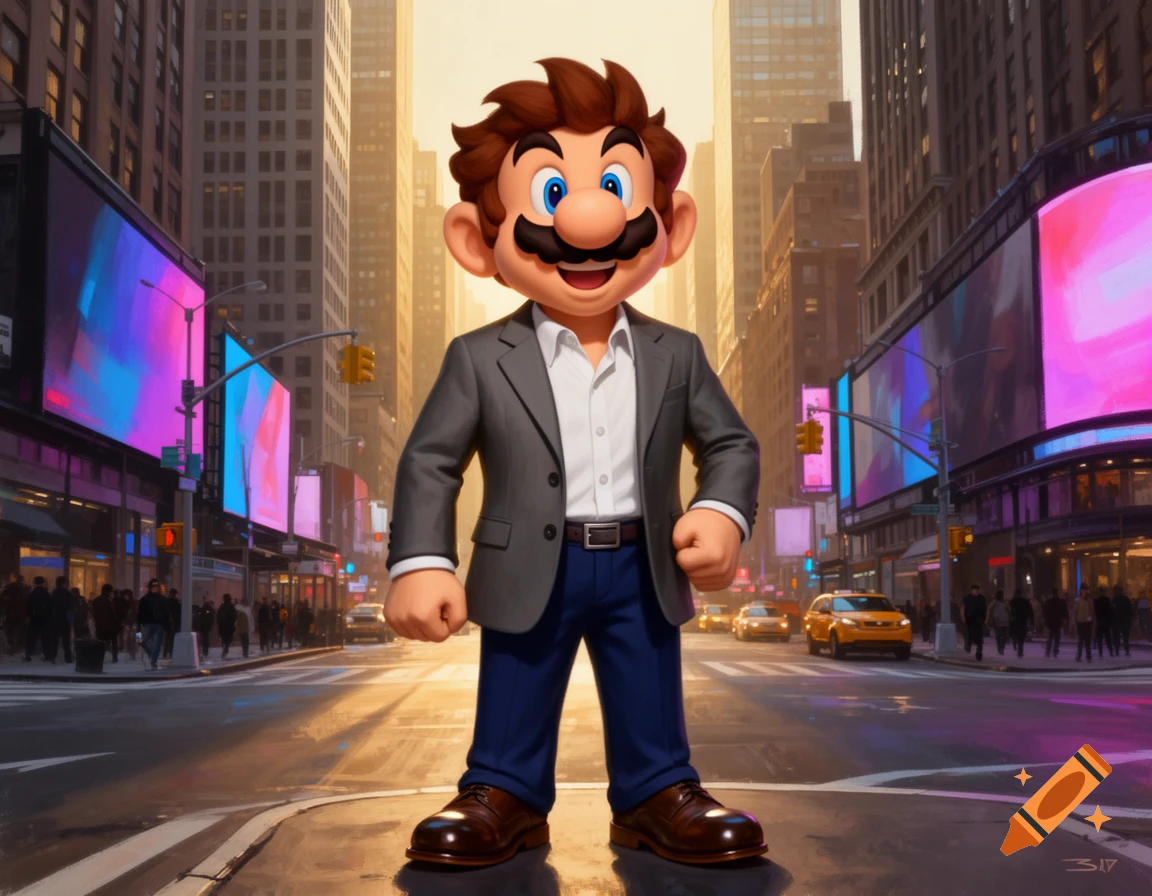 Super Mario in a suit stands in the middle of a city street with tall buildings and glowing billboards.