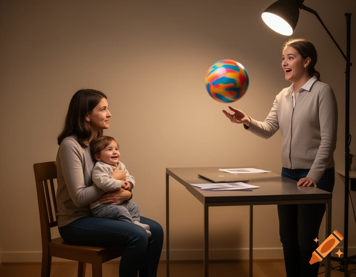 A woman sits on a chair holding a smiling baby, watching another woman toss a colorful ball near a desk, indoors.