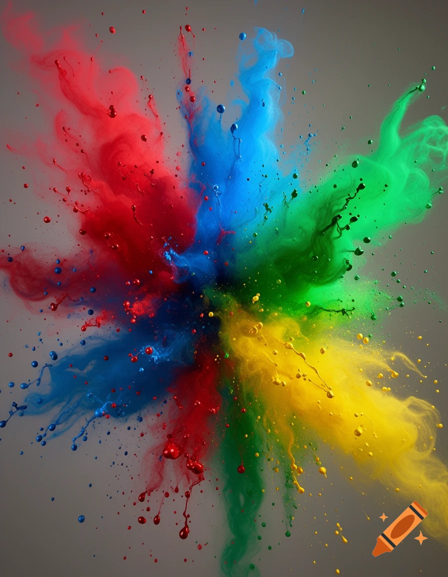 Vibrant explosion of red, blue, green, and yellow powder and liquid on a grey background.