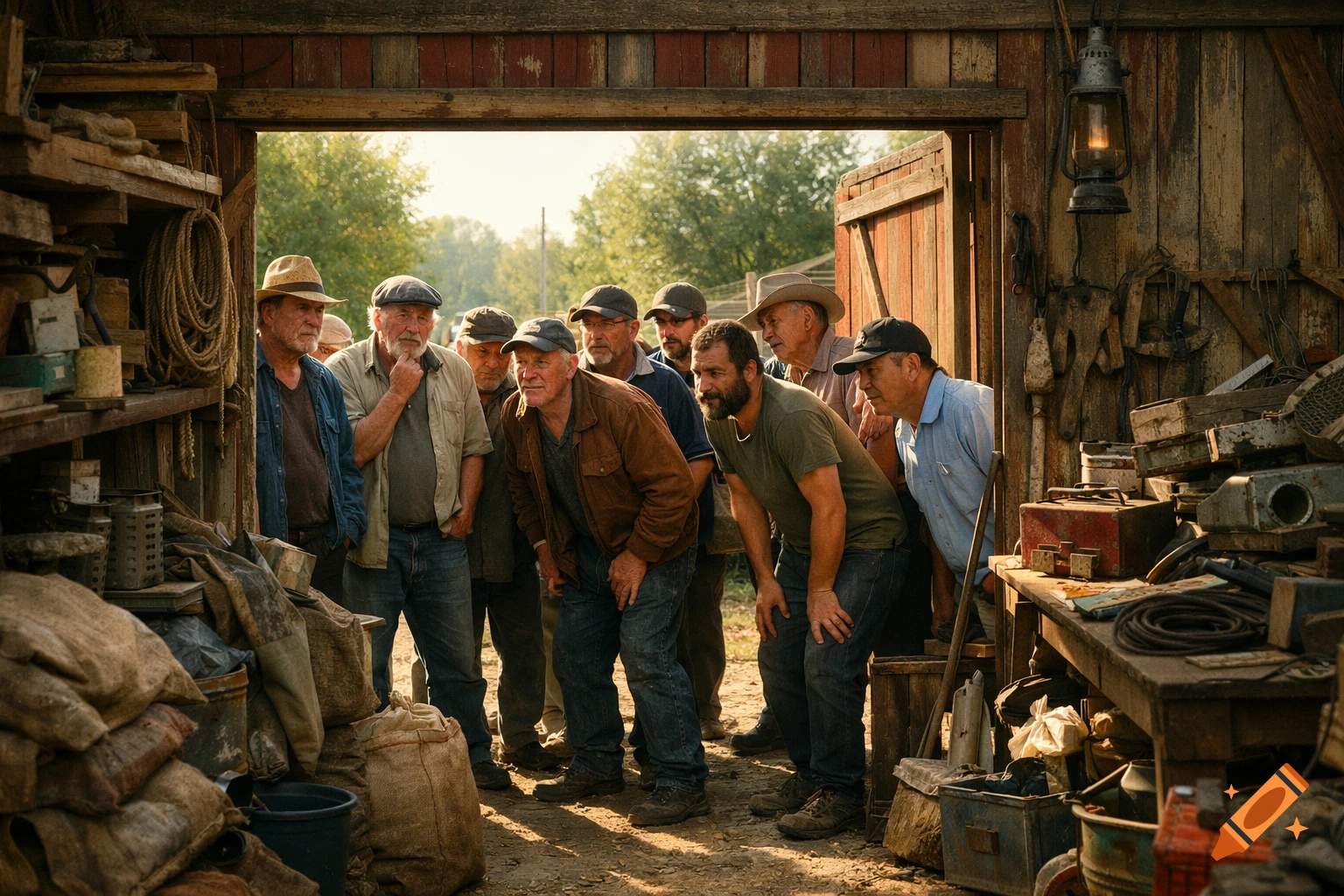 A group of older men and one younger man gather, looking intently into a rustic, sunlit shed, surrounded by tools and sacks.