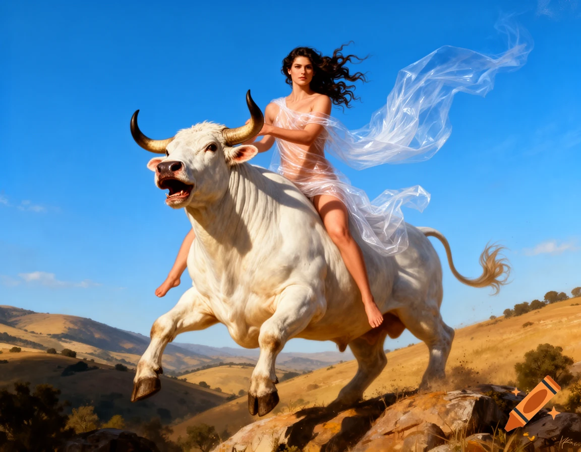 A woman in sheer fabric rides a white bull across a golden landscape under a blue sky, in a realistic painting style.