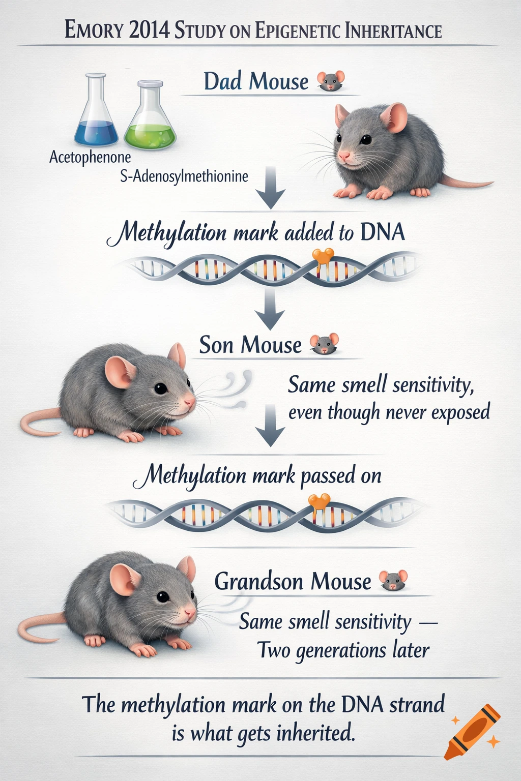 An infographic illustrating epigenetic inheritance across three generations of mice, showing methylation marks on DNA.