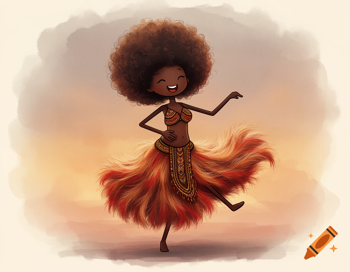 Cute cartoon girl with dark skin and a fluffy afro dances in a decorative bra top and a furry reddish-brown skirt.