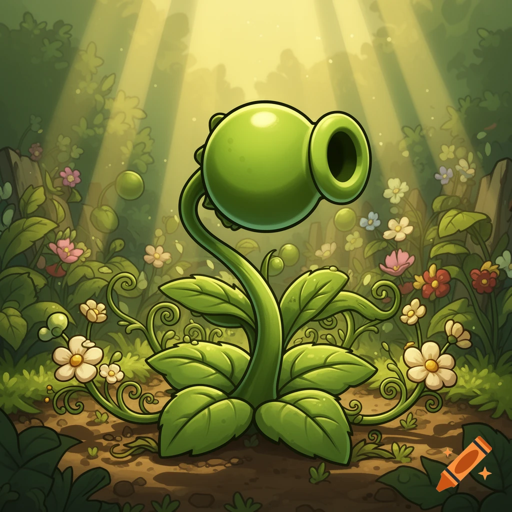 A vibrant cartoon peashooter plant with green leaves in a sun-dappled magical forest with small flowers.