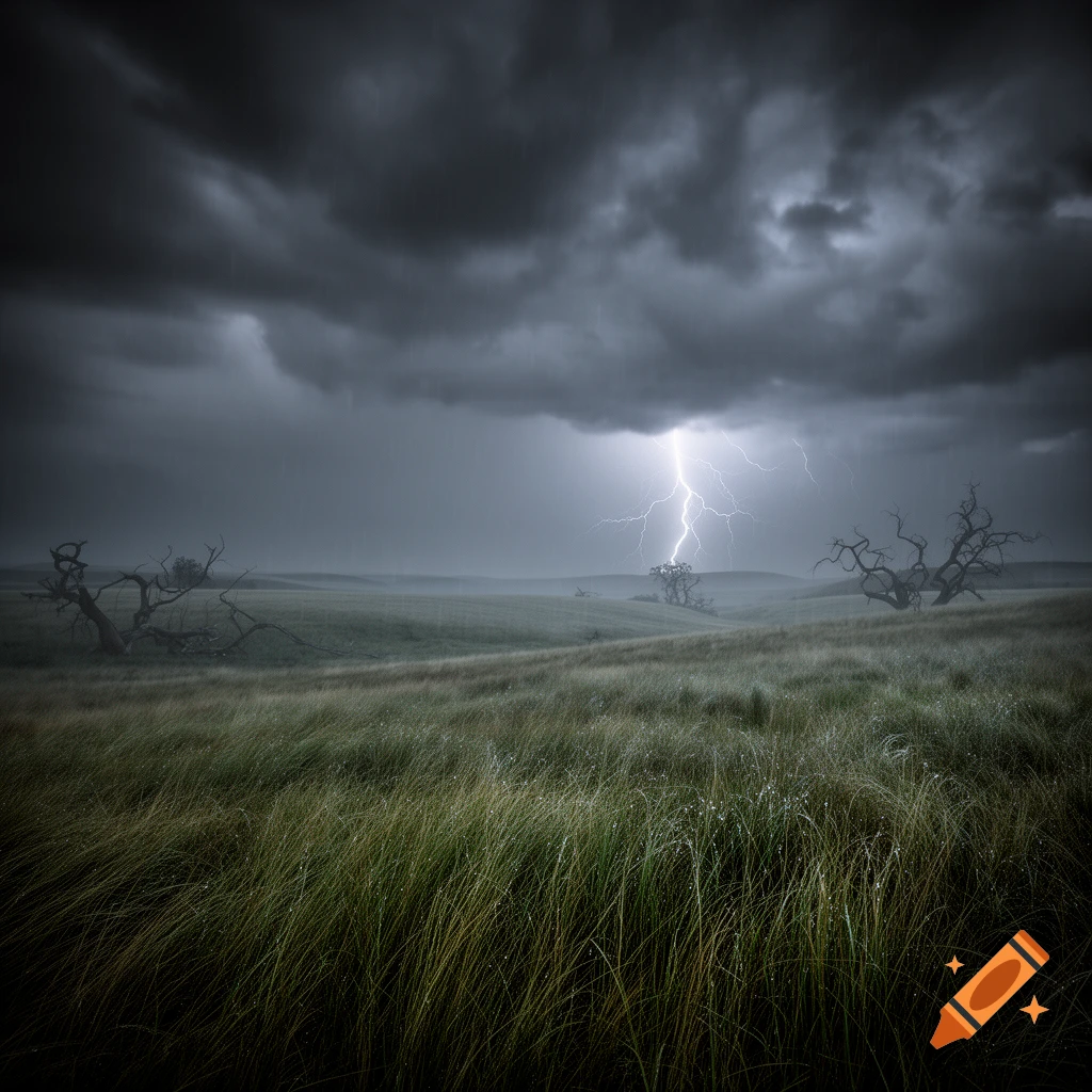 A dramatic lightning bolt illuminates a dark, stormy field with barren trees under heavy clouds and rain.