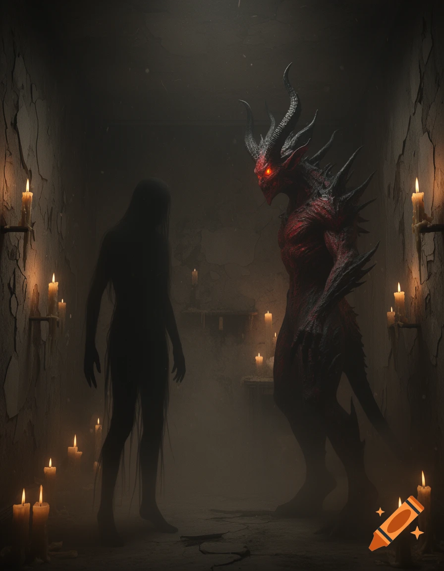 A red demon with horns and glowing eyes faces a shadow figure in a dark, candlelit room with cracked walls, in a photorealistic dark fantasy style.