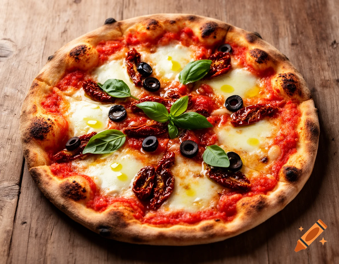 Photorealistic Neapolitan pizza with basil, black olives, sun-dried tomatoes, and mozzarella on a rustic wooden table.