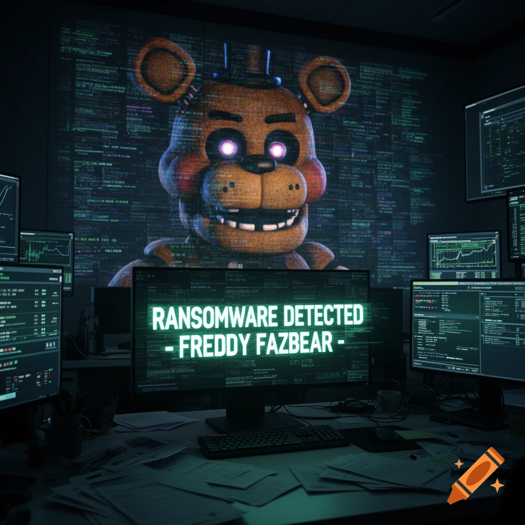 A dark, cluttered control room with multiple computer screens displaying code and graphs, a large image of Freddy Fazbear projected on the back wall, and a central monitor displaying "RANSOMWARE DETECTED - FREDDY FAZBEAR -" in glowing green text.