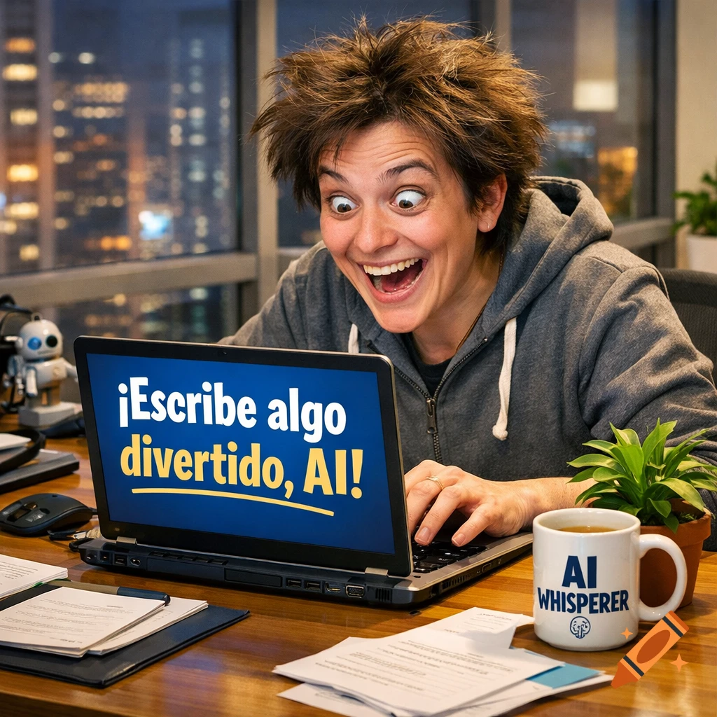 A person with wild hair and wide eyes laughing at a laptop screen displaying "¡Escribe algo divertido, AI!" at an office desk at night.